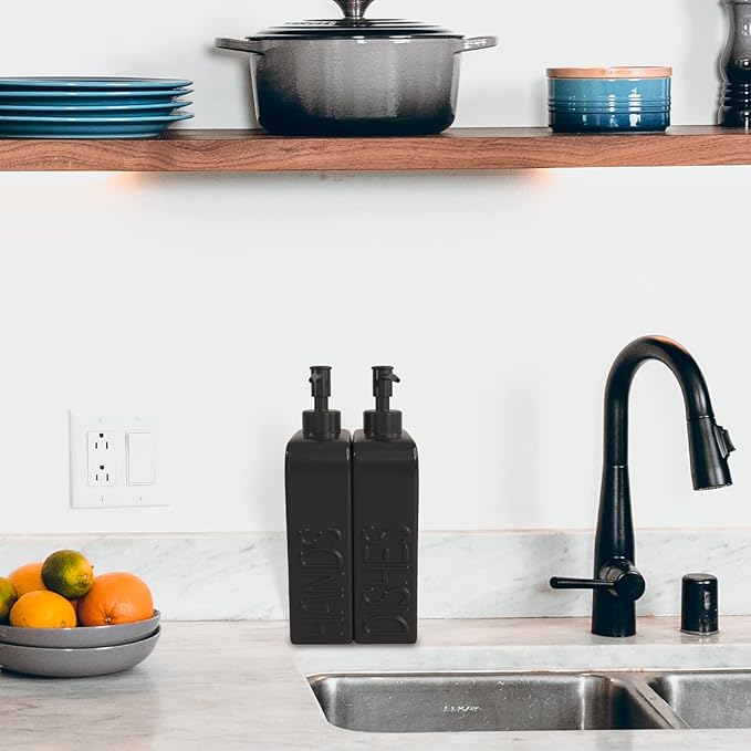 Ceramic Soap Dispenser Set, 2 Pack Kitchen Dispenser with Funnel, Non-Slip Silicone Pads, Liquid Hand and Dish Soap for Kitchen, Bathroom, Matte Black