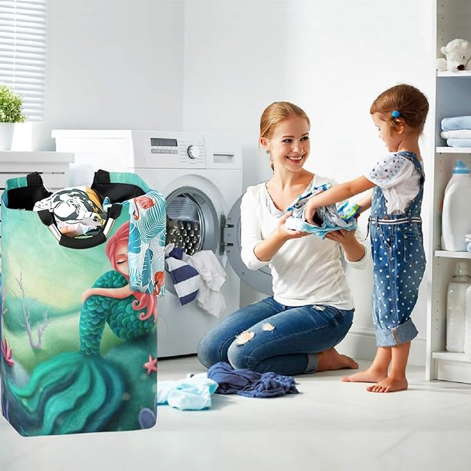 visesunny Mermaid Starfish Large Capacity Laundry Hamper Basket Water-Resistant Oxford Cloth Storage Baskets for Bedroom, Bathroom, Dorm, Kids Room