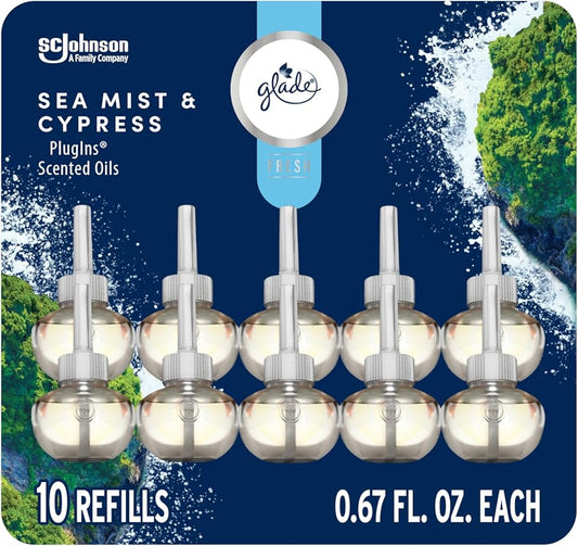 Glade PlugIns Refills Air Freshener, Sea Mist & Cypress, Scented and Essential Oils for Home and Bathroom, 0.67 Fl Oz, 10 Count