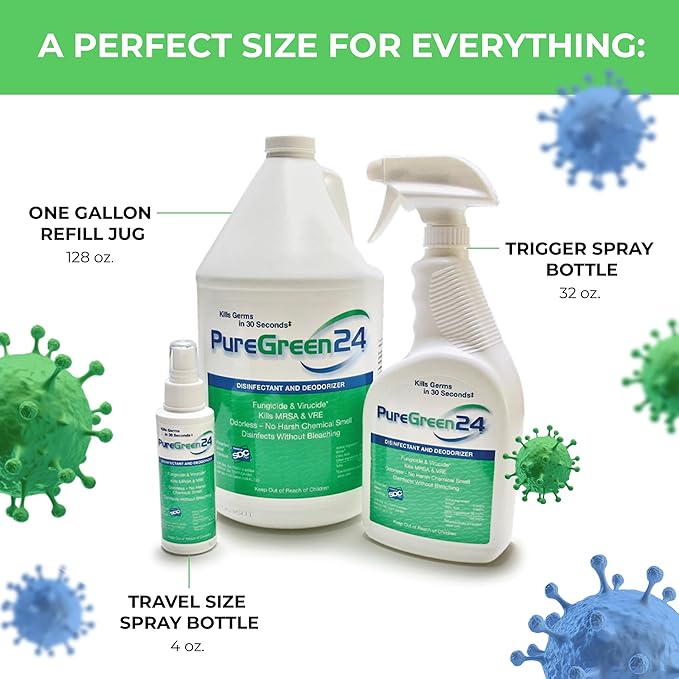 PureGreen24 Safe & Effective Disinfectant. Kills Deadly Germs including RSV COVID-19 Norovirus MRSA Staph 2025 flu Bird flu Contains no toxic chemicals odorless child & pet safe 1 32oz
