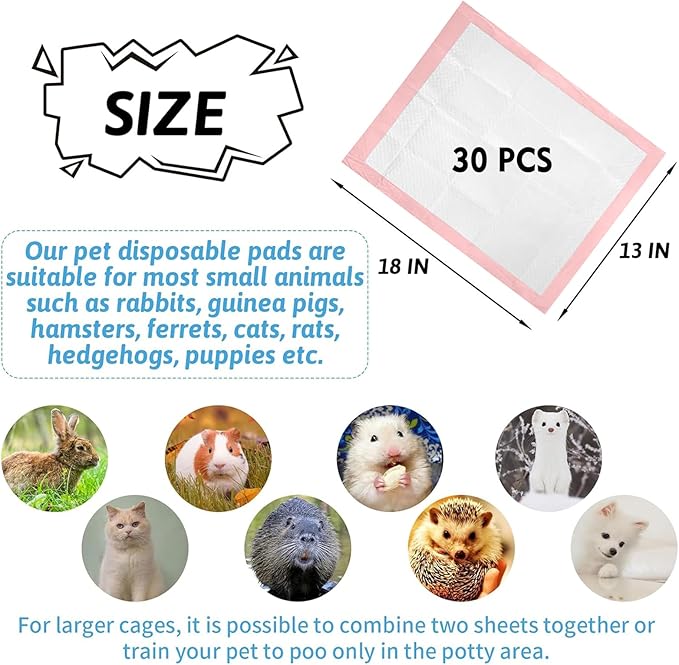 Tfwadmx Rabbit Pee Pads 30 Pcs 18"× 13" Disposable Cage Liners Leak-Proof Super Absorbent Potty Training Pad for Puppy Guinea Pigs Hedgehog Hamsters Chinchillas Cats and Other Small Animals