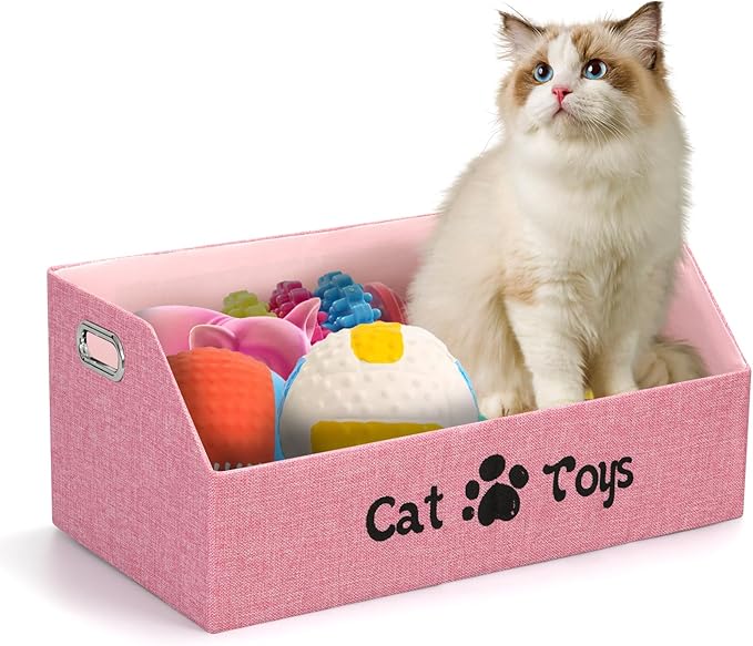 Cat Toy Basket, Kitten Toys Storage Organizer Foldable Fabric Bin Pet Supplies Chest Holder Trapezoid Container with Metal Handles for Organizing Cats Clothes Accessories, Pink