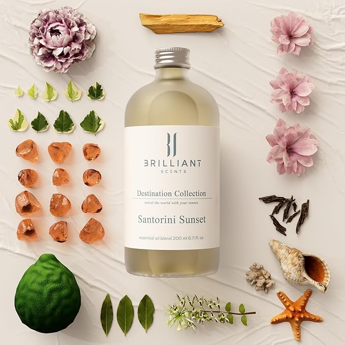 Brilliant Scents Santorini Sunset Fragrance Oil 200ml - Premium Diffuser Oil for Home, Office, Hotels - Long Lasting, Plant-Based, Meets IFRA Standards, USA-Made - Ivy, Magnolia, Oud