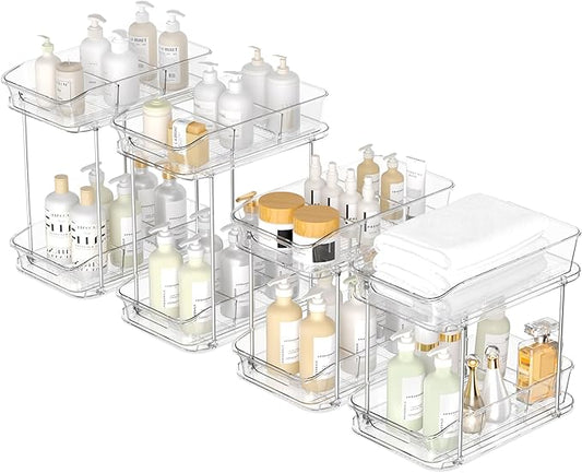 2 Tier Pull-Out Storage Organizer for Bathroom and Kitchen, Under Sink Organizer with Dividers, Ideal for Organizing Cupboard,Bathroom Vanities,Cabinet, Slide-Out Clear Storage, 4 Pack