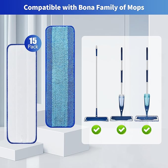 15 Pack Microfiber Cleaning Pads for Bona Family of Mops,Washable & Reusable Mop Pads Refill Replacement Safe for Hardwood and Multi-Surfac Floors Have Super-Absorbent