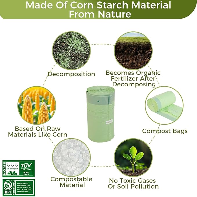 13 Gallon Compostable Trash Bags with Flat-Top, Thick 0.87 Mil, 49.21 Liter, 50 Bags, Tall Kitchen Food Scrap Waste Bag, ASTM D6400, US BPI and OK Compost Home Certified