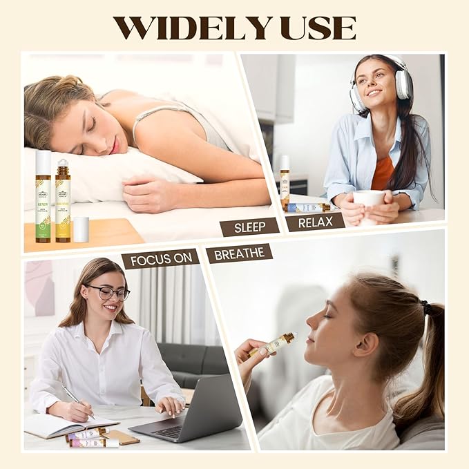 Essential Oils Roll On Set(Calm, Relax, Breathe, Focus on, Sleep, Renew), Natural Aromatherapy Oil Blend Kit with Roller Ball for Massage, Body Skin Care, Home, Relaxation Gift for Women & Men