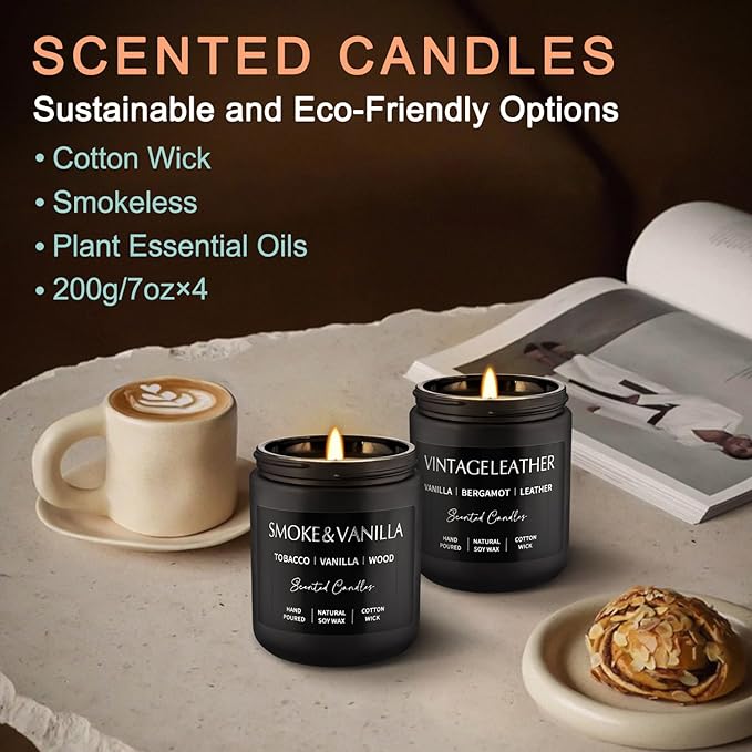 4Psc Scented Candles Set,7oz Gifts for Men Aromatherapy,Soy Candle of Smokeless - Leather & Smoke, Vanilla Oakmoss, Lavender - Relaxing Fragrance for Home, Office, Yoga(Black)