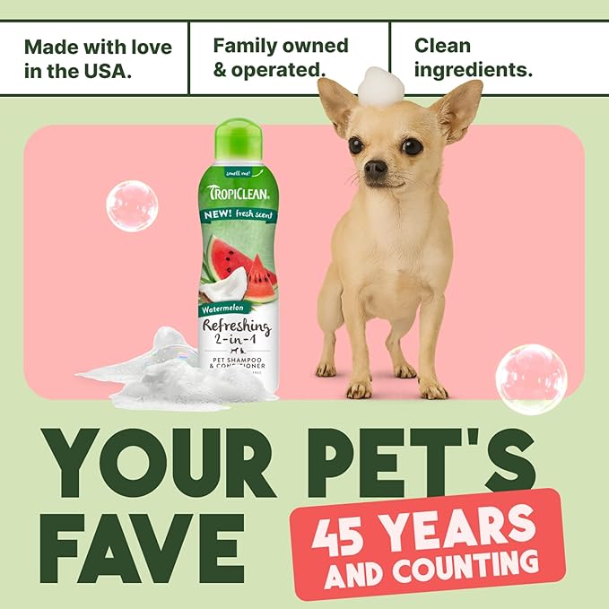 TropiClean 2-in-1 Dog Shampoo and Conditioner, Professional Dog Shampoo, Puppy Safe, Moisturizing Detangler, USA Made, Watermelon Scent, 2.5 Gallon