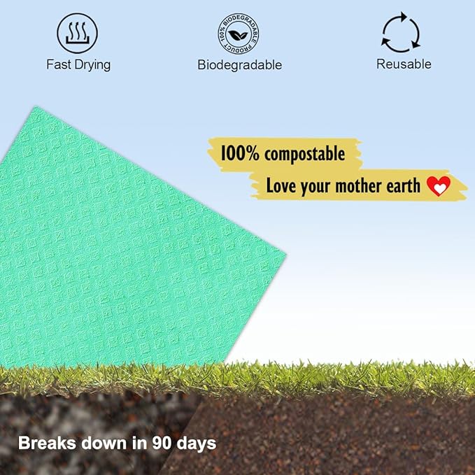 Swedish Dishcloths for Kitchen | 6 Pack Absorbent Cellulose Sponge Cloths Washable | Non-Scratch Reusable Paper Towels Quick Drying Cleaning Cloths - Green