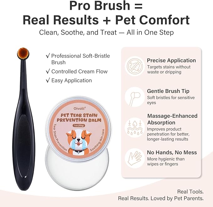 Tear Stain Remover Balm for Dogs & Cats with Pro Powder Brush – Natural Safe Gently Removes Eye Gunk & Stains – Great for White Dogs, Daily Eye Cleaning – Works Better with Pet Eye Wipes,1 oz