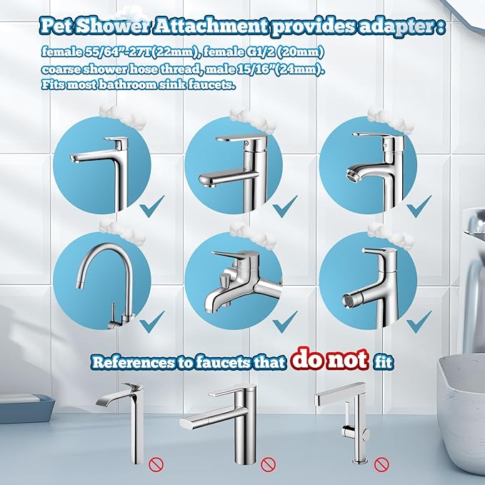 Dog Shower Attachment Set, 6.6 Ft Stainless Steel Pet Shower Hose with 3-Way Diverter Valve & Grooming Sprayer for Easy Pet Bathing – Includes Sprayer Nozzle, Holder, Adapters, & Grooming Gloves