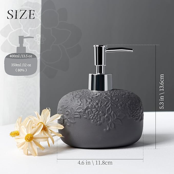Soap Dispenser, Ceramic Countertop Lotion Dispenser 14oz with Embossed Design, Matte Black Bathroom Refillable Lotion Bottle for Shower Soaps Shampoo Kitchen Organization, ANTIS'S HOME