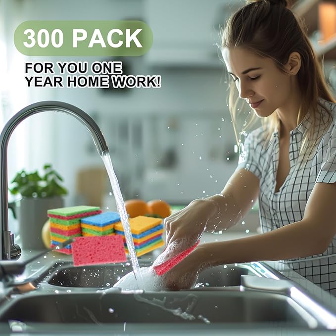 Zhengmy 300 Pieces Kitchen Sponge Bulk Natural Sponges for Dishes Compressed Wood Pulp Sponges Cleaning Sponge Without Scratching for Kitchen Bathroom, 3.9 x 2.4 x 0.12 Inch (Multicolor)