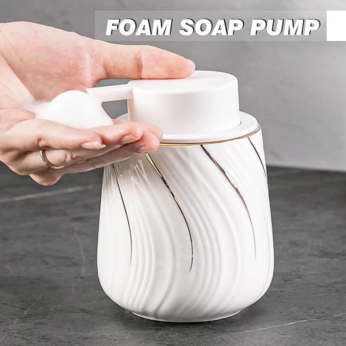 Foam Hand Soap Dispenser - 13.5 oz Ceramic foaming Hand soap Dispenser with Easy-to-Press Pump for Bathroom refillable Liquid Hand soap Dispenser (Foam-White with Gold Thread)