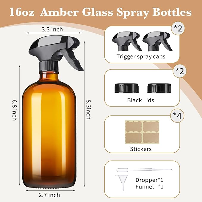 Vitreaux 16oz Amber Glass Spray Bottles,2 Pack Glass Spray Bottles Refillable Empty Bottle with Adjustable Nozzle,Spray Bottle for Essential Oils,Cleaning,Pets,Hair Mister