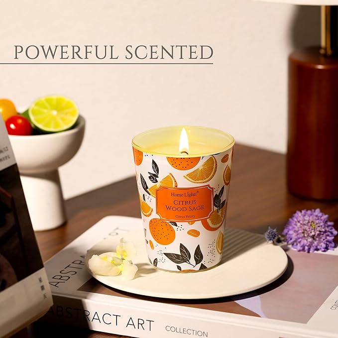 HomeLights Citrus Wood Sage Scented Candles | 6.7oz Soy Candles Eclectic Mixed Styles Large Candle Jars | Ideal Candle Gifts for Events, Home Decor Stress, Relief & Relaxation
