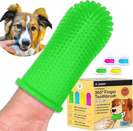 Jasper Dog Toothbrush, 360 Degree Pet Tooth Brushing Kit, Cat Toothbrush, Canine Dental Care & Teeth Cleaning Kit, Pet Finger Tooth Brush, Use with Dog Toothpaste, 4-Pack Neon