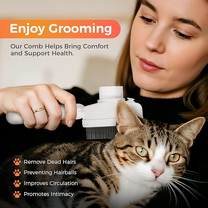 Cat Comb with Steam, Cat Steam Brush Pet Hair Removal Tool Flea Comb, Stainless Steel Metal Teeth for Shedding and Tangles, One Button Self-Cleaning Pet Comb for Dogs and Cats