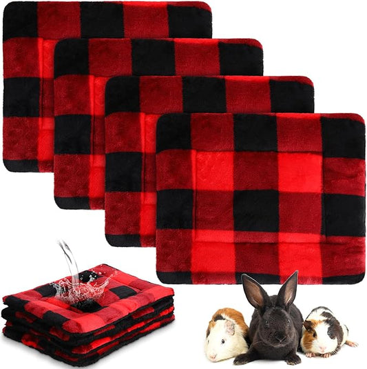 Haull 4 Pcs Waterproof Guinea Pig Bedding Winter Guinea Pig Bed Plush Cage Liners Soft Dog Cat Mat Reversible Winter Cozy Animal Pee Pad Hamster Bed Mat for Bunny (Red Black Plaid,13 x 10 Inch)