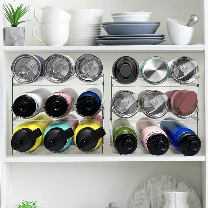 3 Pack Water Bottle Organizer, Stackable Kitchen Home Organization and Storage Rack, Plastic Cup Storage Organizer for Kitchen Cabinet Cupboard Organizer and Storage Cup Rack for Counter