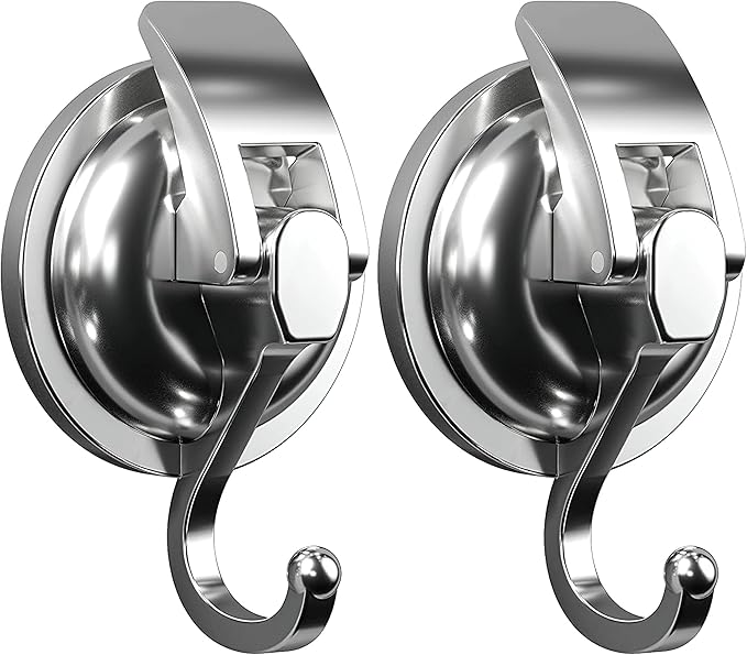 Heavy Duty Vacuum Suction Cup Hooks, Silver Plated Polished Super Suction for Kitchen Bathroom, 2 Pack