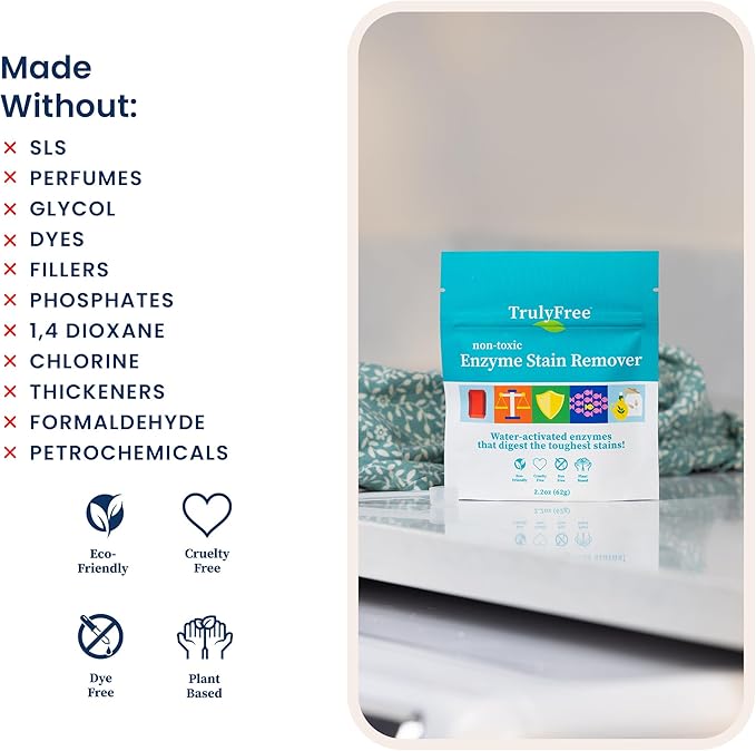 Truly Free Enzyme Laundry Stain Remover - Natural Laundry Detergent Booster for Blood, Grass, Pet Urine & Odor - Biological Washing Powder for Clothes, Couch Fabric (50 Scoops)