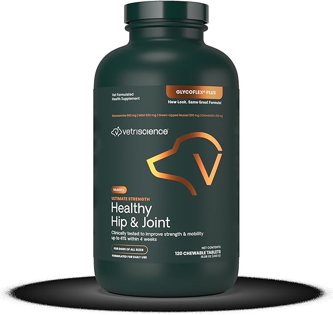 VetriScience Ultimate Strength Hip & Joint Supplement for Dogs, GlycoFlex Plus – MSM, Chondroitin & Green-Lipped Mussel Chews for Mobility, Flexibility, Comfort & Support, Chicken Flavor, 120 Cnt