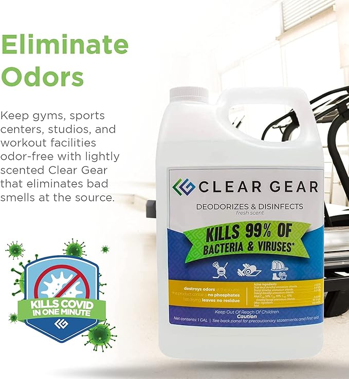 Clear Gear - Disinfectant, Cleaner, and Deodorizer for Sports Equipment, Gyms, and Fitness Centers - EPA-Registered, Hospital Grade, Made in USA - 1 Gallon Bottle