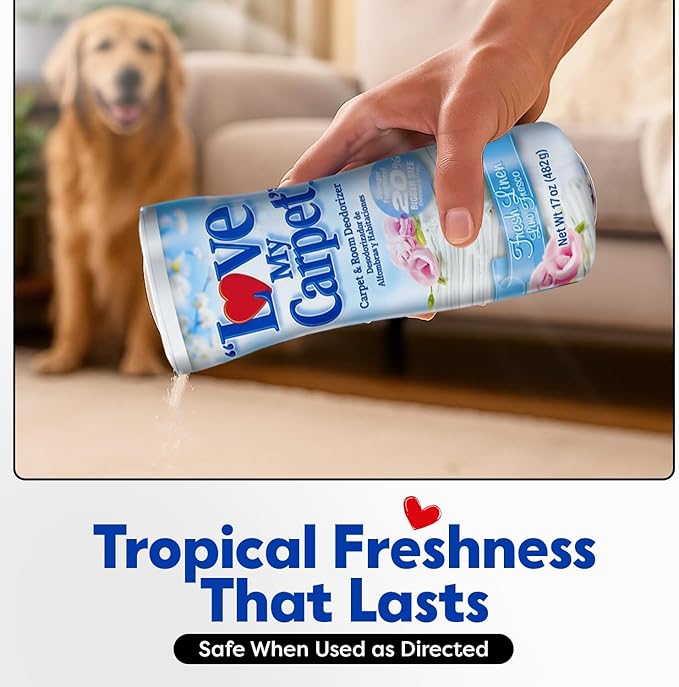 6 Love My Carpet | Carpet Deodorizer & Freshener Powder | 17 oz Pet Odor Eliminator for Strong Odor & Pet Urine | FRESH LINEN | Safe for Homes with Pets