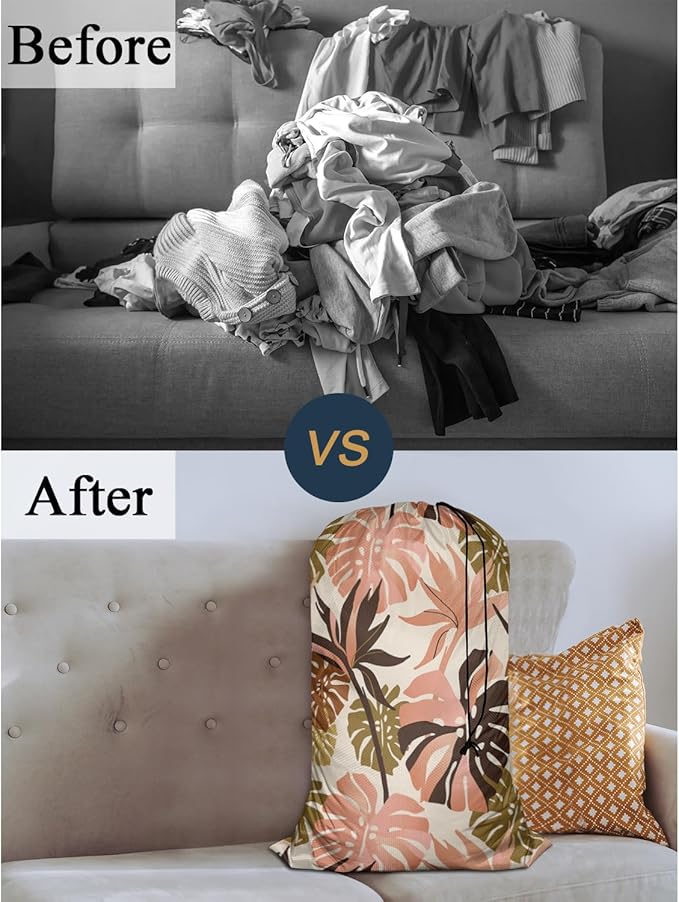 Swono Tropical Palm Leaves Laundry Bag with Drawstring Straps, Heavy Duty Extra Large Laundry Bags for Laundromat and Household, Exotic Flowers Summer Paradise Washable Travel Dirty Clothes Bag Hamper