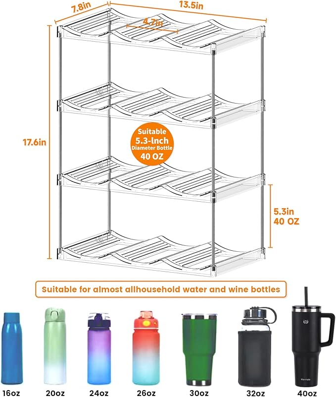 Stackable Water Bottle Organizer for Cabinet,4 Pack Water Bottle Holder for Stanley Yeti 40 oz Bottle Shelf,Clear Tumbler Storage Organizer,Wine Rack,Cup Organizer for Kitchen Cabinets Counter Pantry
