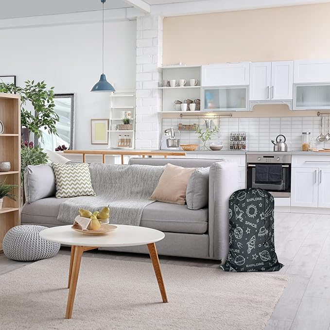 Swono Space Elements Laundry Bag with Strap Large Dirty Clothes Organizer Sketch Stars Rocket Planets Sun Universe Cosmos Explore Easy Fit Laundry Hamper Basket, Carry Up to 4 Loads of Laundry, Galaxy