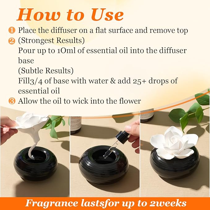 Honeydak 3 Pcs Flower Passive Essential Oil Diffuser Stone White Ceramic Porcelain Floral Diffuser with Container Non Electric Handmade Decorative Tabletops Home Decoration Christmas (Camellia)