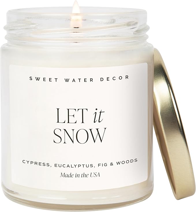 Sweet Water Decor Let it Snow Christmas Scented Candles - Christmas Stocking Stuffers Soy Candles with Cypress Scent - Christmas Candles with 40 Hours Burn Time - 9Oz Gold Lid Clear Jar Wax Candles
