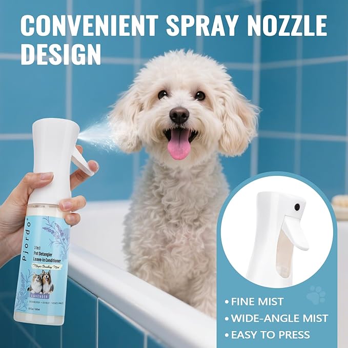 Dog Detangler Grooming Spray 10 Fl Oz, Leave in Pet Conditioner for Hair Dematting, Dry Skin & Pet Fur Shedding, Deodorization & Itch Relief & Reduces Tangles, Suitable for All Coat Types