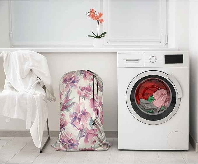 Swono Watercolor Floral Extra Large Laundry Bag with Drawstring Closure 28"x40", Leaf Plant Botanical Petal Bud Ink Flowers for Home, Dorm and Apartment Dwellers, Oxford Cloth, Pink