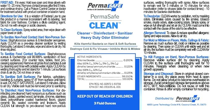 PermaSafe CLEAN, All-Purpose Hospital Disinfectant Cleaner; No Rinse, Hard, Soft & Food Contact Surface Sanitizer; Mold, Mildew and Fungi Killer; Odor Eliminator; Allergen Remover & More-3 Fl Oz-2 Pk