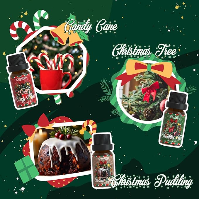 SALUBRITO Christmas Fragrance Oils Set, Winter Essential Oils for Diffuser, Candle Making, Scented Oils Gift - Candy Cane, Christmas Tree, Christmas Pudding, Apple Cinnamon, Gingerbread, Mistletoe