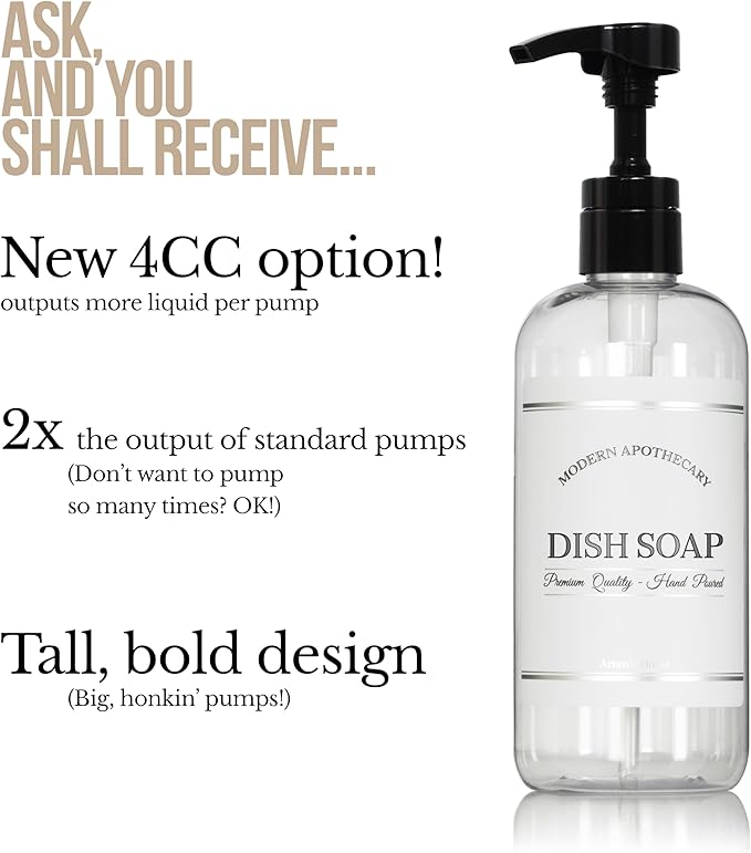 Refillable Clear PET Plastic 16 oz Dish Soap Bottle with High Output Black Plastic Pump Dispenser - Chrome Accent Waterproof Labeled Bott