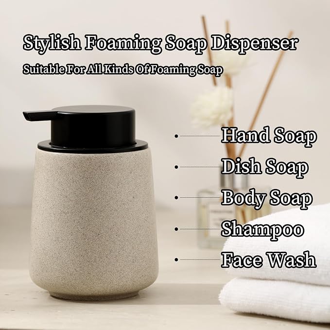Foaming Soap Dispenser Pump 12OZ, Refillable Foam Hand Dish Soap Dispenser Bottle Jar for Bathroom Kitchen Sink Countertop Home Decor - Beige