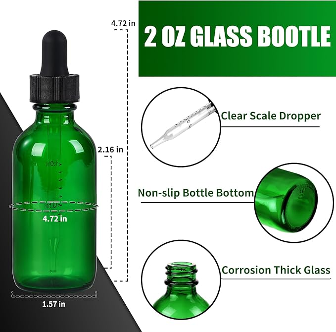 48 Pcs, 2oz Glass Dropper Bottle, Leakproof Tincture Bottles with Dropper, Green Reusable Eye Dropper Bottle, for All Kinds of Liquids (Green, 2oz-48pcs)