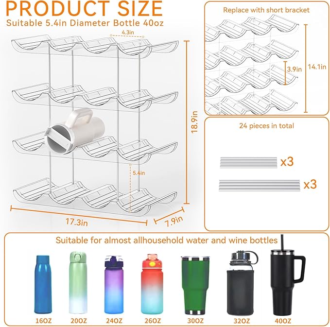 4 Tier Stackable Water Bottle Organizer for 40 oz Stanley Cup,Yeti and Other Tumbler Organizer,Larger Compartment Stanley Cup Holder,Wine Rack and Waterbottle Holder for Kitchen Cabinets,Countertop