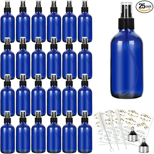 CycleMore 25 Pack 4oz Blue Glass Spray Bottles with Fine Mist Sprayers, Glass Travel Bottles for Cosmetic Essential Oils Cleaning Solutions Perfumes & More Liquids (1 Brush, 2 Funnels and 36 Labels)