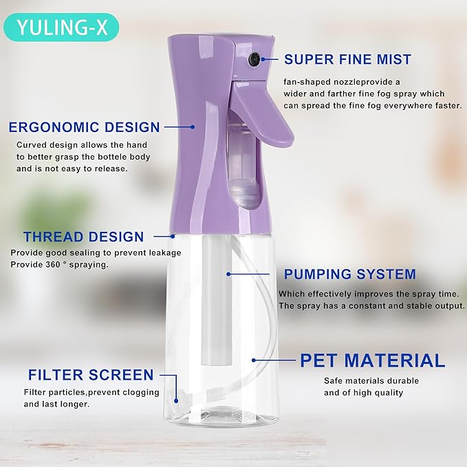 hair spray bottle, ultra-fine spray continuous spray bottle (200ml/6.8oz), used for hair design, vegetation, cleaning and skin care - empty, reusable (Purple)