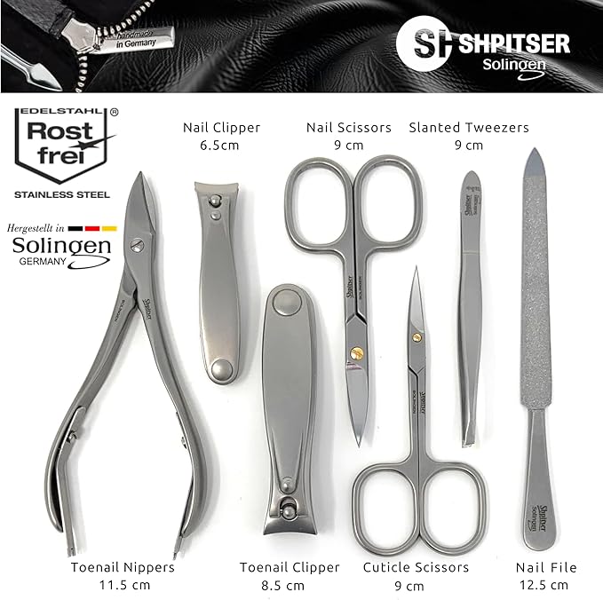 SHPITSER Professional 7pc TopInox Surgical Stainless Steel Tools Manicure Pedicure Set in Genuine Durable Leather Case Handmade in Solingen Germany for Nail and Cuticle Care