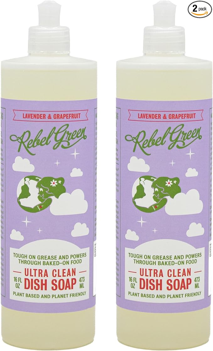 Rebel Green Super Deluxe Dish Soap - Natural Dishwashing Soap - Liquid Dish Detergent - Sustainable Dish Liquid Scented with Lavender & Grapefruit - (16 oz Bottles, 2 Pack)