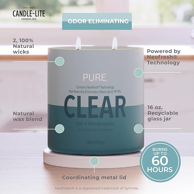 Candle-Lite Pure Rain & Blonde Woods Odor Eliminating Scented Candles, Neofresh Technology Eliminates 99.9% of Odors, 16 oz 2-Wick Jar, Proudly Poured in The USA, Up to 60 Hours Burn Time