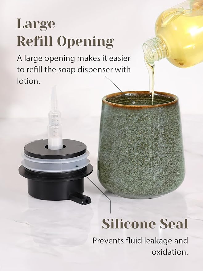 INGOFIN Ceramic Lotion Dispenser - 12 oz Refillable Hand Soap Dispenser Bathroom, Modern Liquid Dispenser with Pump, Dish Soap Dispenser for Kitchen,Kiln-Glazed Green