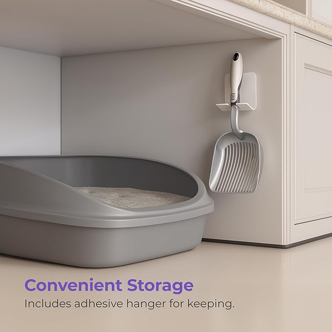 iPrimio Cat Litter Scooper Deep Shovel with Holder - (Silver XL) - Non-Stick Pooper Scooper Shovel Kitty Litter Sifter - Patented Solid Aluminum Poop Scoopers with Long Handle, Easy Grip, Pet Supplies